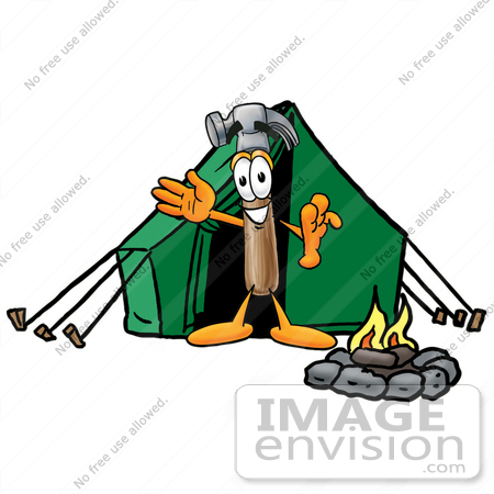 #24164 Clip Art Graphic of a Hammer Tool Cartoon Character Camping With a Tent and Fire by toons4biz