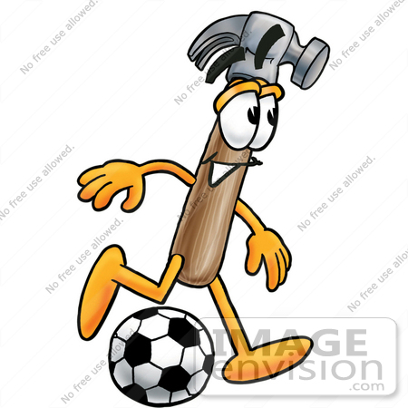 #24165 Clip Art Graphic of a Hammer Tool Cartoon Character Kicking a Soccer Ball by toons4biz