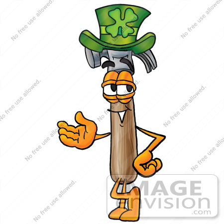 #24166 Clip Art Graphic of a Hammer Tool Cartoon Character Wearing a Saint Patricks Day Hat With a Clover on it by toons4biz