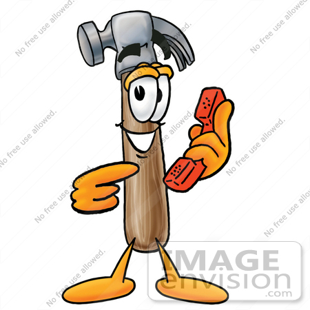 #24168 Clip Art Graphic of a Hammer Tool Cartoon Character Holding a Telephone by toons4biz