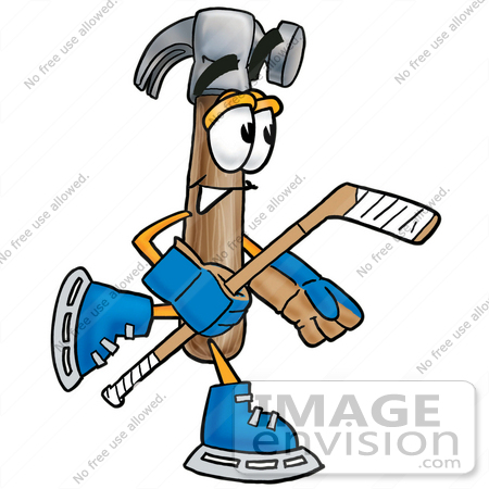 #24169 Clip Art Graphic of a Hammer Tool Cartoon Character Playing Ice Hockey by toons4biz