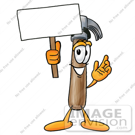 #24170 Clip Art Graphic of a Hammer Tool Cartoon Character Holding a Blank Sign by toons4biz
