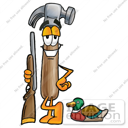 #24172 Clip Art Graphic of a Hammer Tool Cartoon Character Duck Hunting, Standing With a Rifle and Duck by toons4biz