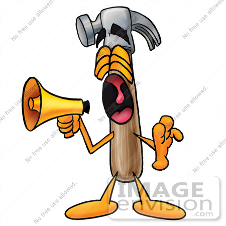 #24173 Clip Art Graphic of a Hammer Tool Cartoon Character Screaming Into a Megaphone by toons4biz