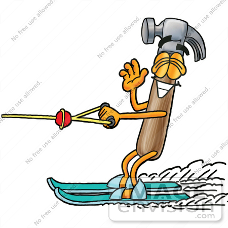 #24176 Clip Art Graphic of a Hammer Tool Cartoon Character Waving While Water Skiing by toons4biz