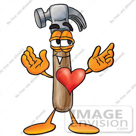 #24178 Clip Art Graphic of a Hammer Tool Cartoon Character With His Heart Beating Out of His Chest by toons4biz