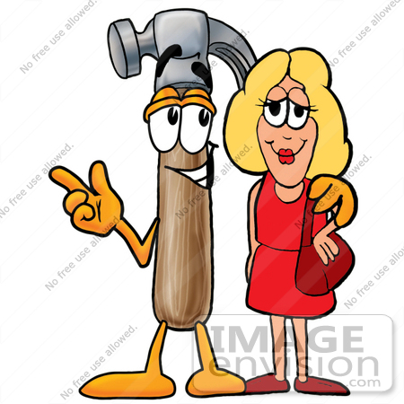 #24179 Clip Art Graphic of a Hammer Tool Cartoon Character Talking to a Pretty Blond Woman by toons4biz