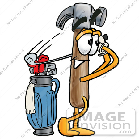 #24180 Clip Art Graphic of a Hammer Tool Cartoon Character Swinging His Golf Club While Golfing by toons4biz