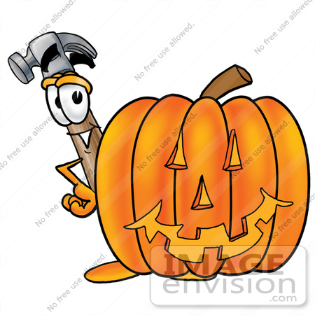 #24181 Clip Art Graphic of a Hammer Tool Cartoon Character With a Carved Halloween Pumpkin by toons4biz