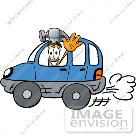 #24182 Clip Art Graphic of a Hammer Tool Cartoon Character Driving a Blue Car and Waving by toons4biz