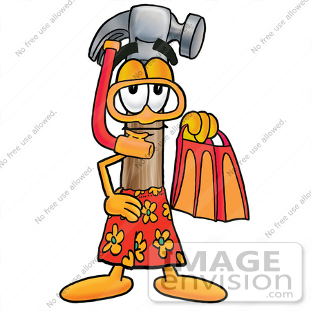 #24185 Clip Art Graphic of a Hammer Tool Cartoon Character in Orange and Red Snorkel Gear by toons4biz