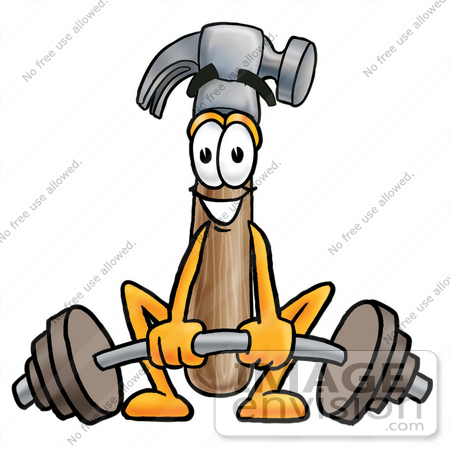 #24187 Clip Art Graphic of a Hammer Tool Cartoon Character Lifting a Heavy Barbell by toons4biz