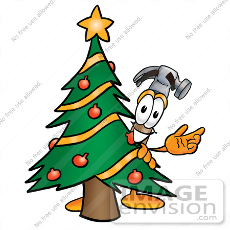 #24189 Clip Art Graphic of a Hammer Tool Cartoon Character Waving and Standing by a Decorated Christmas Tree by toons4biz