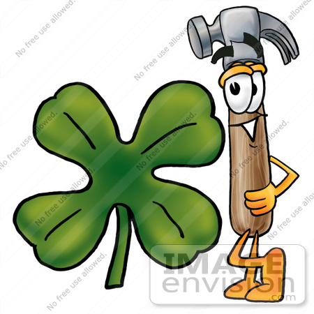 #24190 Clip Art Graphic of a Hammer Tool Cartoon Character With a Green Four Leaf Clover on St Paddy’s or St Patricks Day by toons4biz