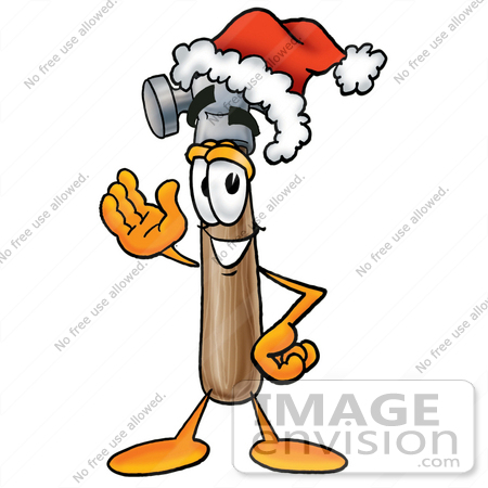 #24191 Clip Art Graphic of a Hammer Tool Cartoon Character Wearing a Santa Hat and Waving by toons4biz