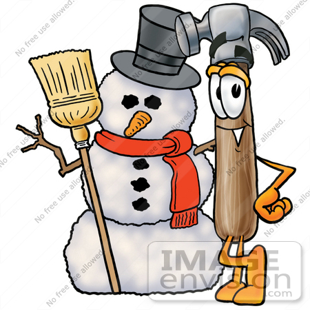 #24192 Clip Art Graphic of a Hammer Tool Cartoon Character With a Snowman on Christmas by toons4biz