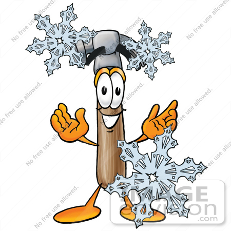 #24194 Clip Art Graphic of a Hammer Tool Cartoon Character With Three Snowflakes in Winter by toons4biz