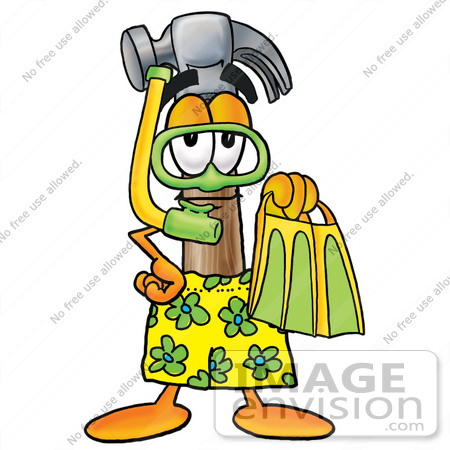 #24195 Clip Art Graphic of a Hammer Tool Cartoon Character in Green and Yellow Snorkel Gear by toons4biz