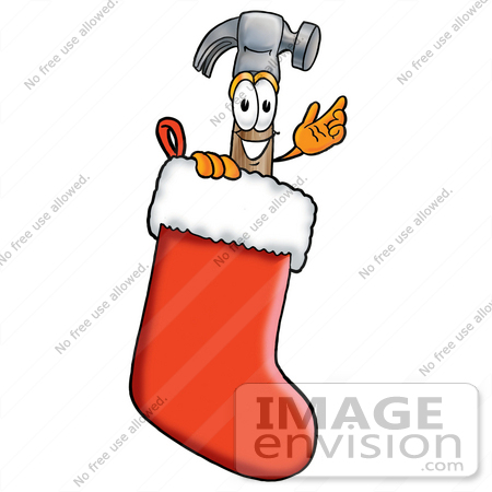 #24196 Clip Art Graphic of a Hammer Tool Cartoon Character Inside a Red Christmas Stocking by toons4biz