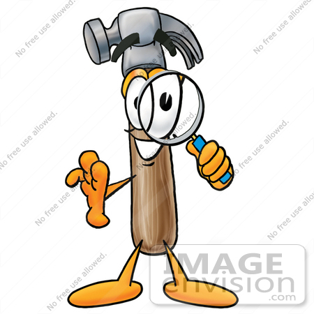 #24199 Clip Art Graphic of a Hammer Tool Cartoon Character Looking Through a Magnifying Glass by toons4biz