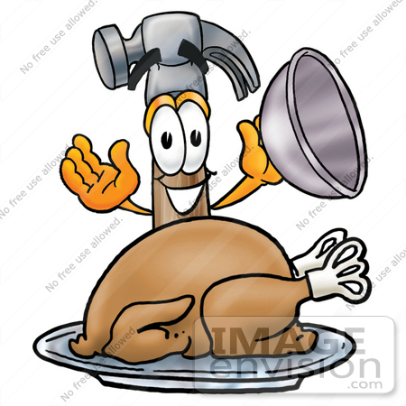 #24200 Clip Art Graphic of a Hammer Tool Cartoon Character Serving a Thanksgiving Turkey on a Platter by toons4biz
