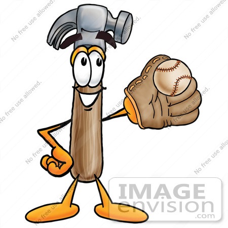#24203 Clip Art Graphic of a Hammer Tool Cartoon Character Catching a Baseball With a Glove by toons4biz