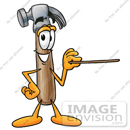 #24204 Clip Art Graphic of a Hammer Tool Cartoon Character Holding a Pointer Stick by toons4biz
