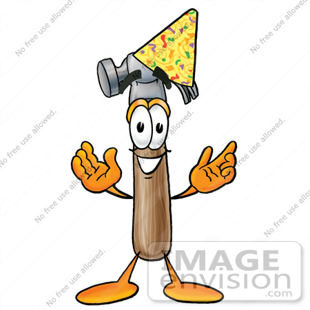 #24205 Clip Art Graphic of a Hammer Tool Cartoon Character Wearing a Birthday Party Hat by toons4biz