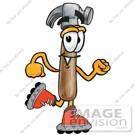#24206 Clip Art Graphic of a Hammer Tool Cartoon Character Roller Blading on Inline Skates by toons4biz