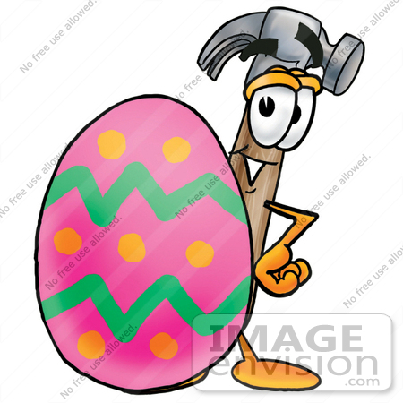 #24207 Clip Art Graphic of a Hammer Tool Cartoon Character Standing Beside an Easter Egg by toons4biz