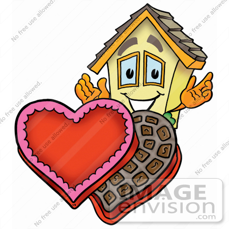 #24212 Clip Art Graphic of a Yellow Residential House Cartoon Character With an Open Box of Valentines Day Chocolate Candies by toons4biz