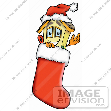 #24213 Clip Art Graphic of a Yellow Residential House Cartoon Character Wearing a Santa Hat Inside a Red Christmas Stocking by toons4biz