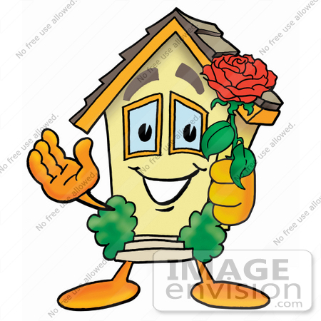 #24214 Clip Art Graphic of a Yellow Residential House Cartoon Character Holding a Red Rose on Valentines Day by toons4biz