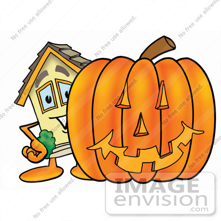 #24216 Clip Art Graphic of a Yellow Residential House Cartoon Character With a Carved Halloween Pumpkin by toons4biz
