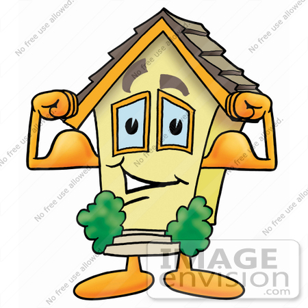 #24217 Clip Art Graphic of a Yellow Residential House Cartoon Character Flexing His Arm Muscles by toons4biz