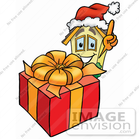 #24219 Clip Art Graphic of a Yellow Residential House Cartoon Character Standing by a Christmas Present by toons4biz