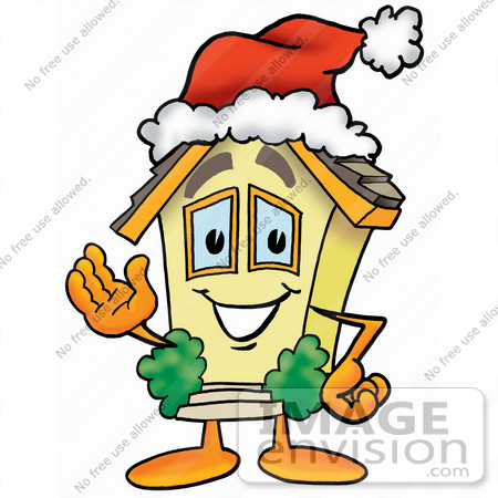 #24220 Clip Art Graphic of a Yellow Residential House Cartoon Character Wearing a Santa Hat and Waving by toons4biz
