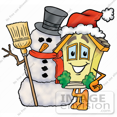 #24222 Clip Art Graphic of a Yellow Residential House Cartoon Character With a Snowman on Christmas by toons4biz