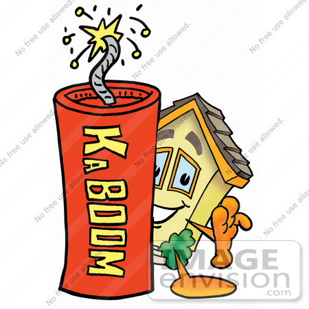 #24223 Clip Art Graphic of a Yellow Residential House Cartoon Character Standing With a Lit Stick of Dynamite by toons4biz