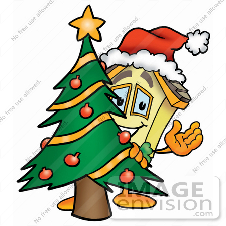 #24225 Clip Art Graphic of a Yellow Residential House Cartoon Character Waving and Standing by a Decorated Christmas Tree by toons4biz