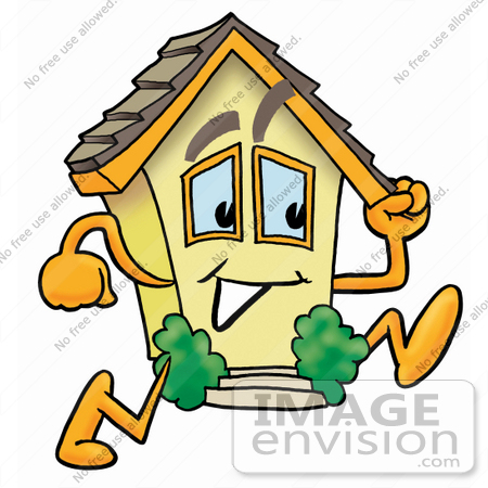 #24226 Clip Art Graphic of a Yellow Residential House Cartoon Character Running by toons4biz