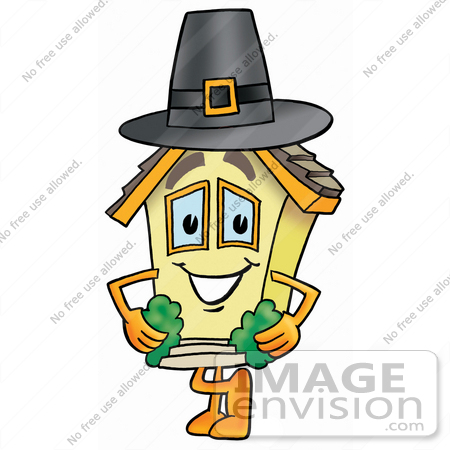 #24227 Clip Art Graphic of a Yellow Residential House Cartoon Character Wearing a Pilgrim Hat on Thanksgiving by toons4biz