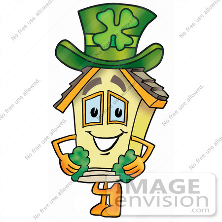 #24228 Clip Art Graphic of a Yellow Residential House Cartoon Character Wearing a Saint Patricks Day Hat With a Clover on it by toons4biz