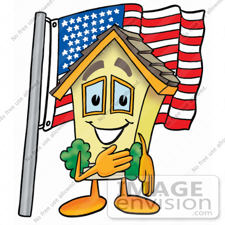 #24229 Clip Art Graphic of a Yellow Residential House Cartoon Character Pledging Allegiance to an American Flag by toons4biz