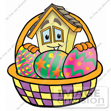 #24232 Clip Art Graphic of a Yellow Residential House Cartoon Character in an Easter Basket Full of Decorated Easter Eggs by toons4biz