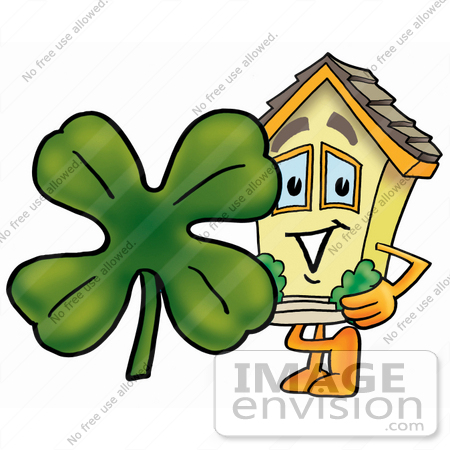 #24233 Clip Art Graphic of a Yellow Residential House Cartoon Character With a Green Four Leaf Clover on St Paddy’s or St Patricks Day by toons4biz