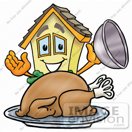 #24234 Clip Art Graphic of a Yellow Residential House Cartoon Character Serving a Thanksgiving Turkey on a Platter by toons4biz