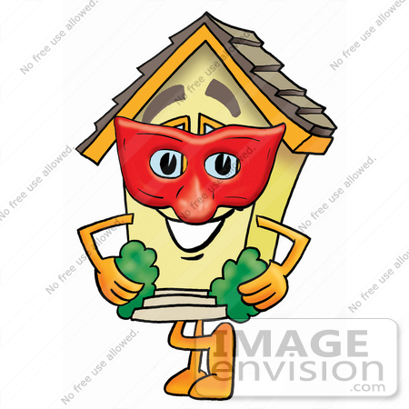 #24235 Clip Art Graphic of a Yellow Residential House Cartoon Character Wearing a Red Mask Over His Face by toons4biz
