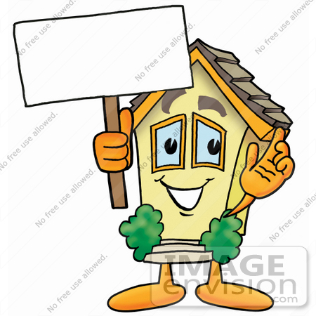 #24236 Clip Art Graphic of a Yellow Residential House Cartoon Character Holding a Blank Sign by toons4biz