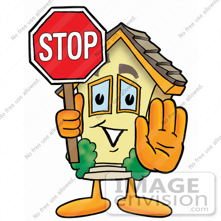 #24237 Clip Art Graphic of a Yellow Residential House Cartoon Character Holding a Stop Sign by toons4biz